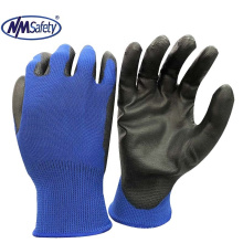 NMSAFETY 18 gauge knitted navy blue polyester liner coated black pu on palm gloves for light industry